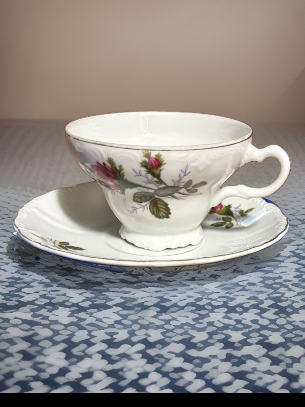 Vintage Wales China Moss Rose Teacup & Saucer Set Made in Japan Crown Foil Label